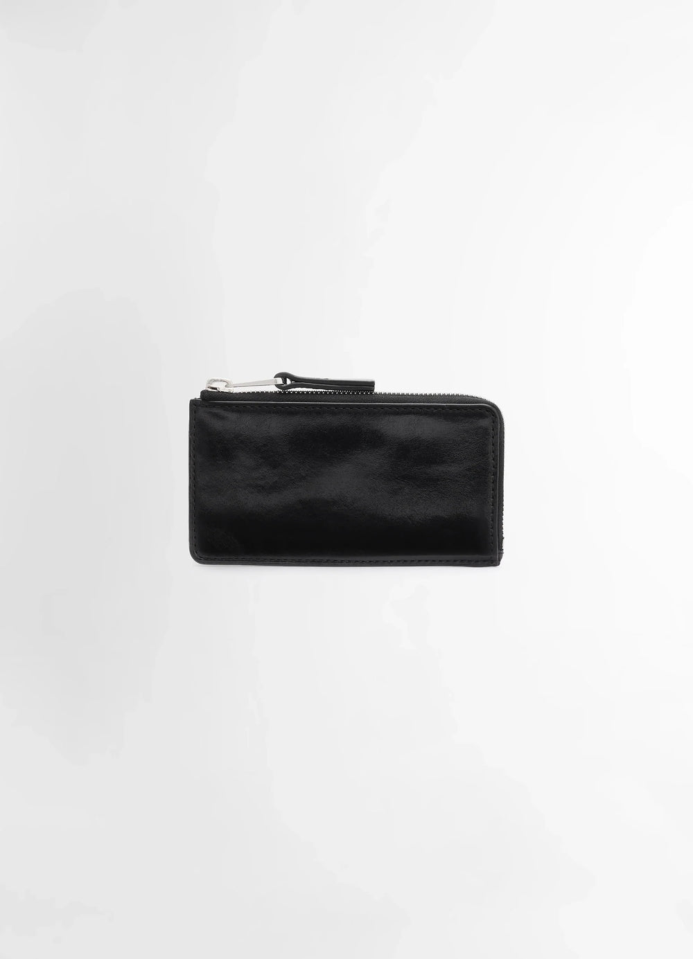 Patina Zip Coin Card Holder in Soft Black Leather, product shot, Front View Zipped Internal Compartment