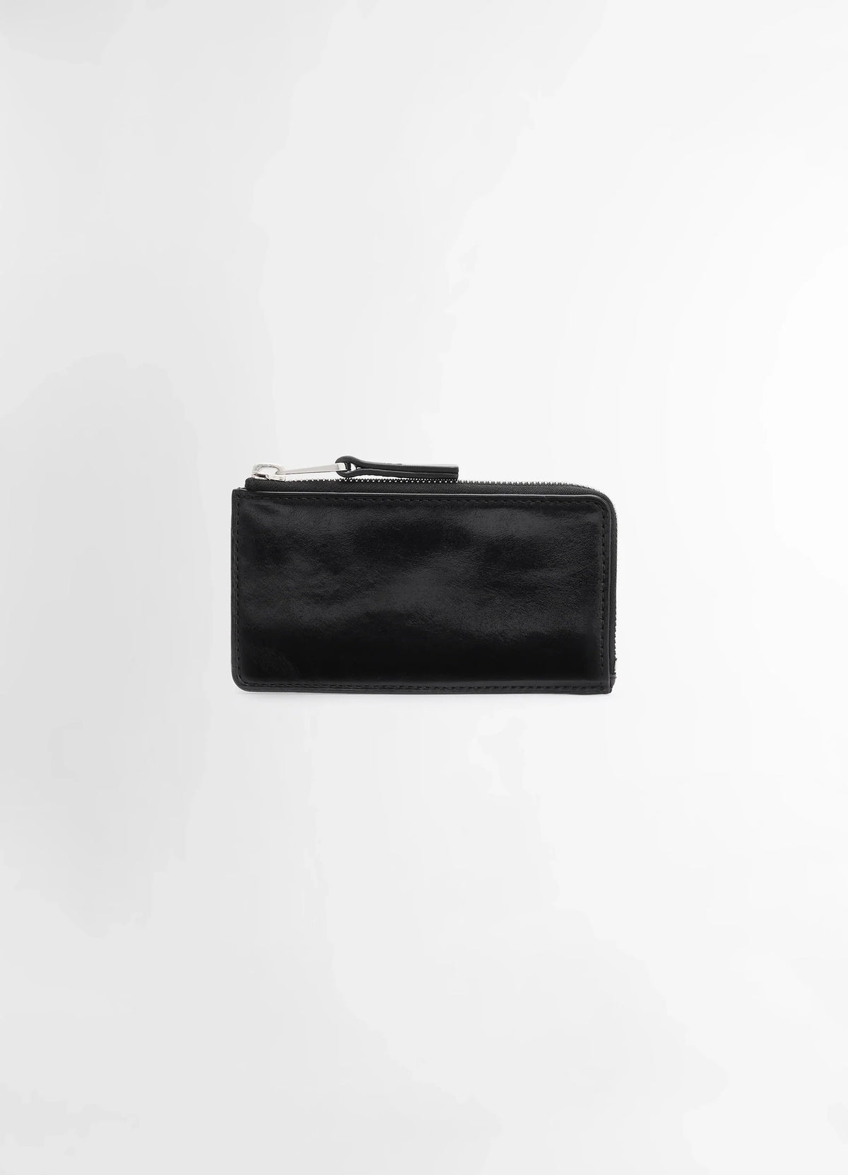 Patina Zip Coin Card Holder in Soft Black Leather, product shot, Front View Zipped Internal Compartment