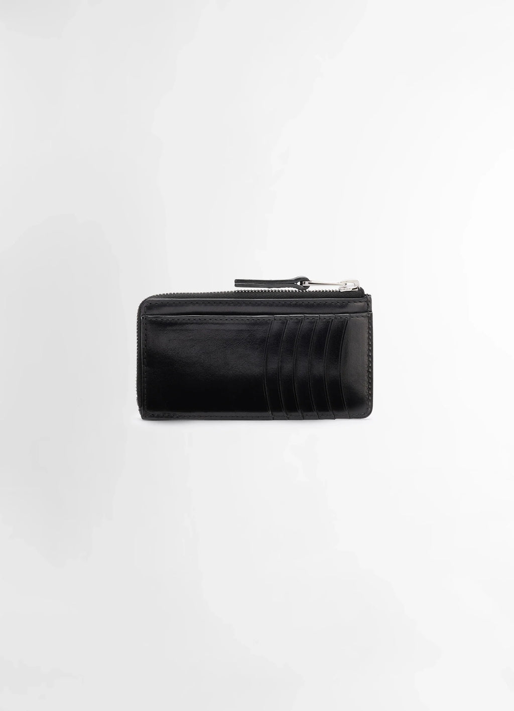 Patina zip coin card holder in soft black leather, product shot, side view card slots visible