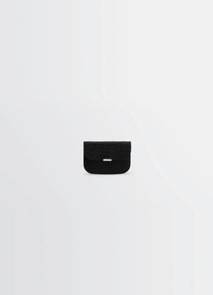 Lemaire soft tab card holder in black grained leather, product shot, front view textured appearance