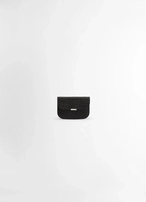 Lemaire soft tab card holder in large grained cow leather, product shot, front view snap closure detail