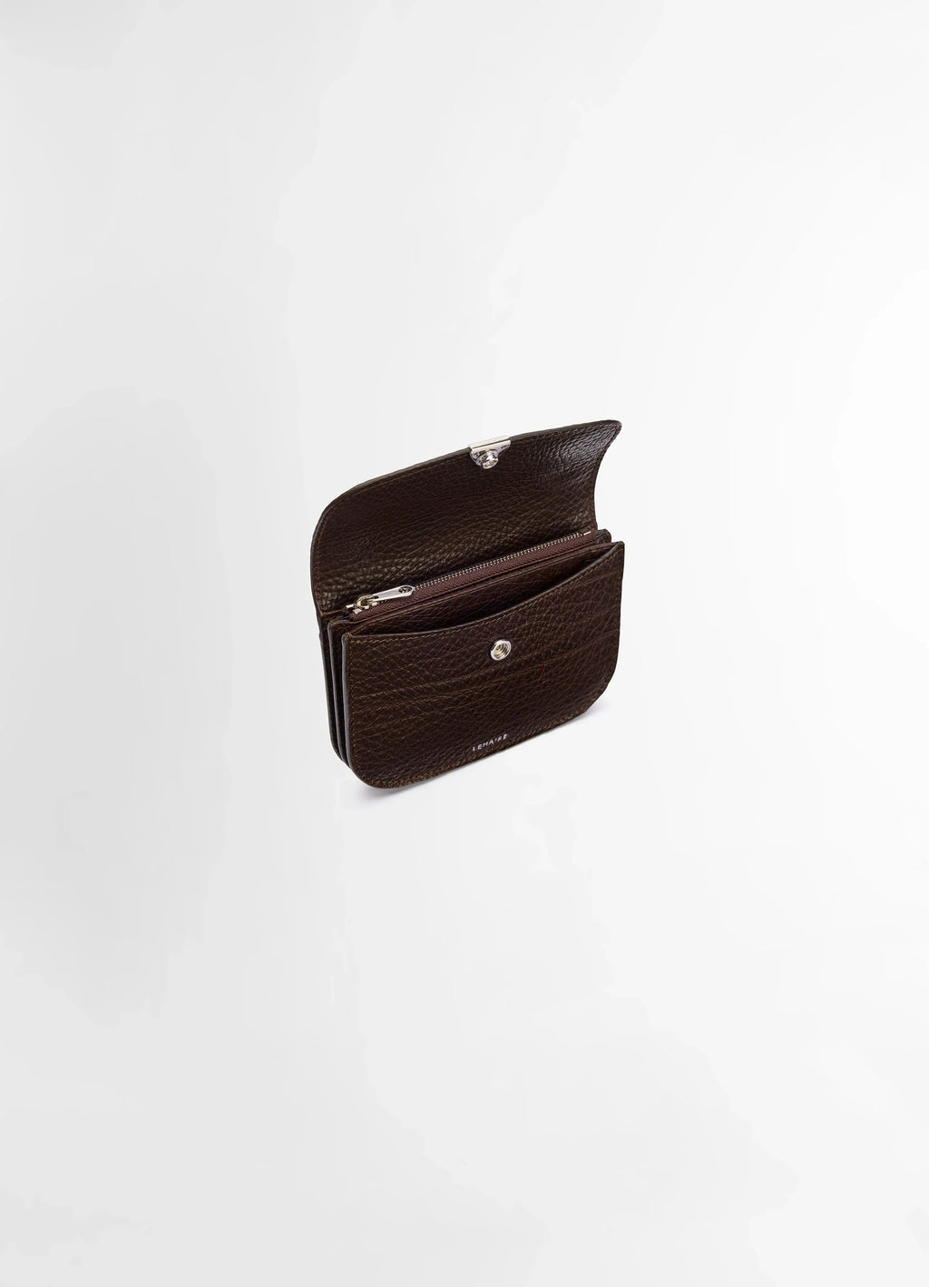 Lemaire soft tab wallet in large grained cow leather, product shot, top angled open view interior zipper pocket