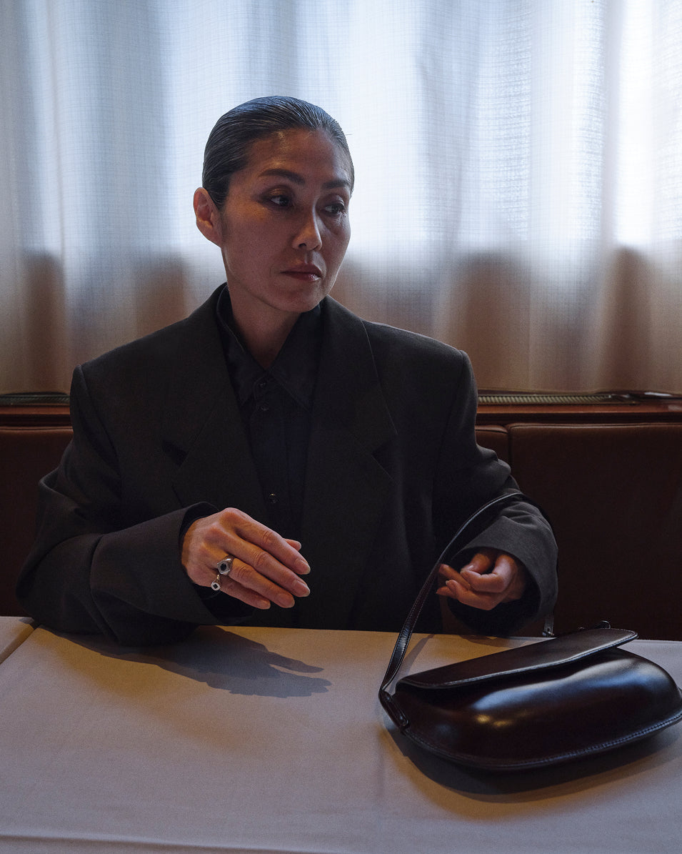 Black leather bag in Dark gray fabric, black leather, Front view Structured shoulders, smooth finish