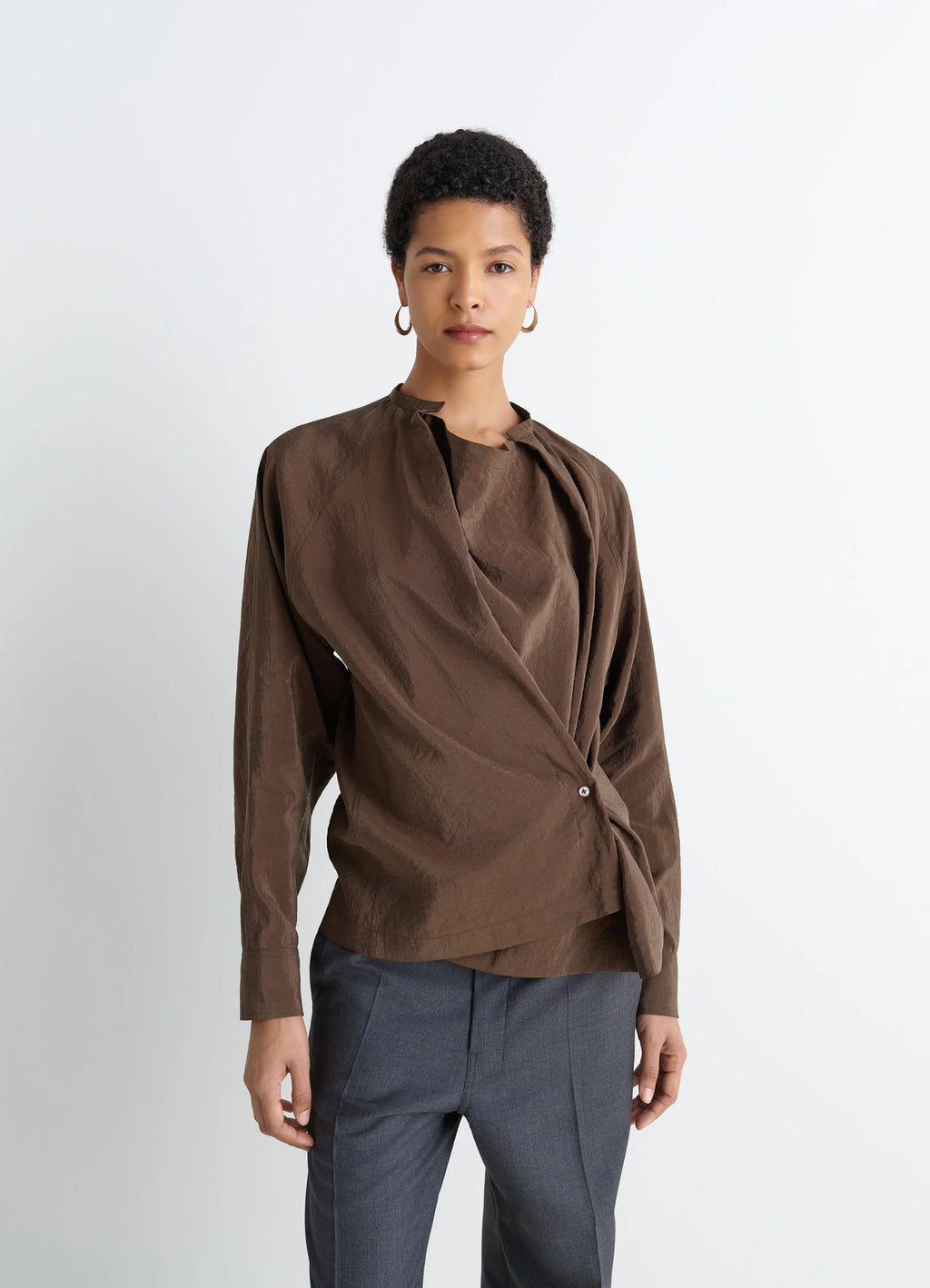 Lemaire twisted top in brown dry silk blend, model shot, front view twisted drape