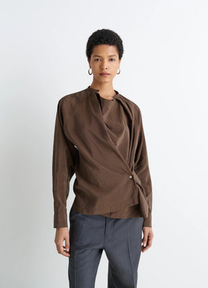 Lemaire twisted top in brown dry silk blend, model shot, front view twisted drape