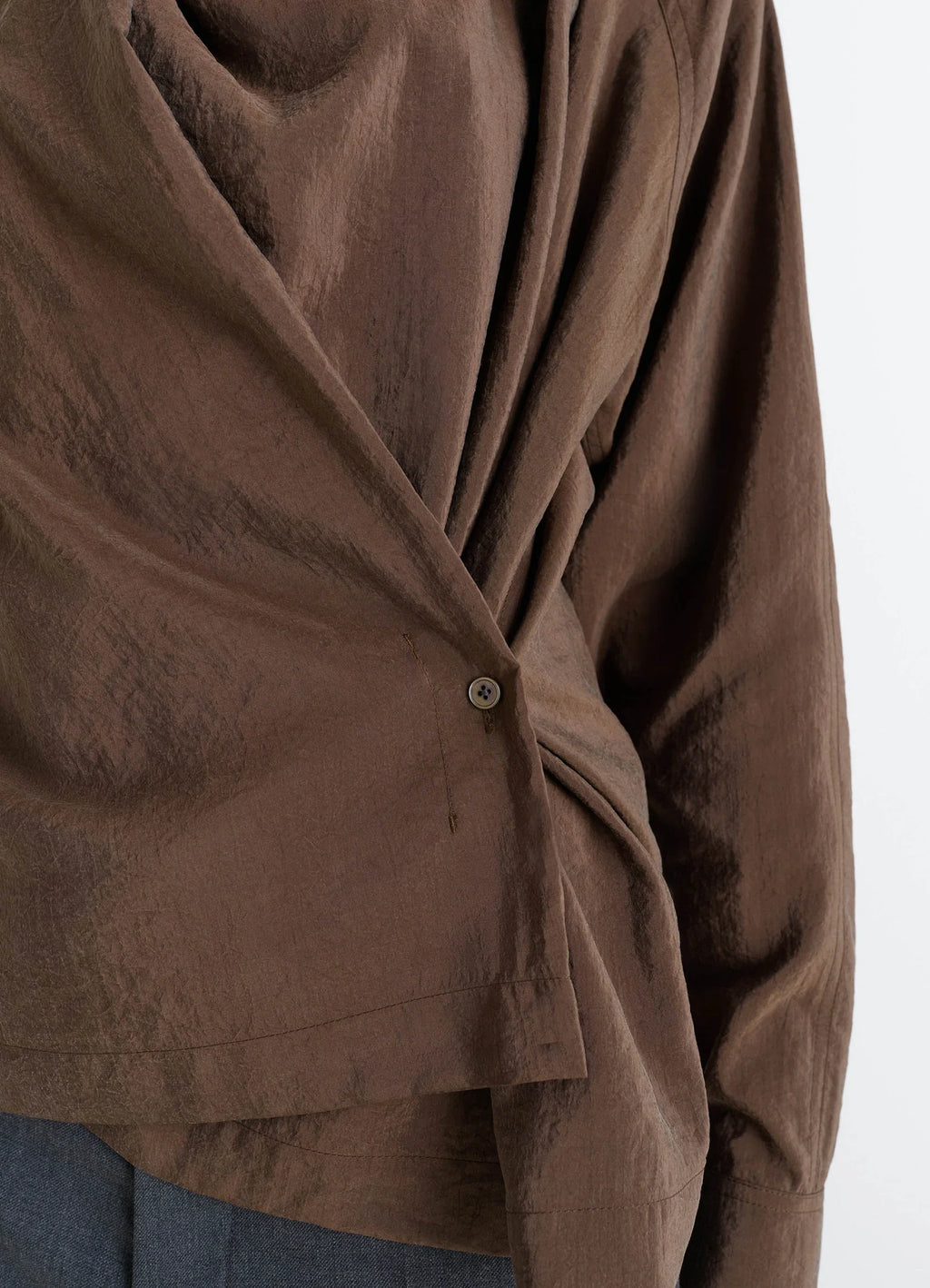 Lemaire twisted top in brown dry silk blend, model shot, detail shot textured fabric button detail