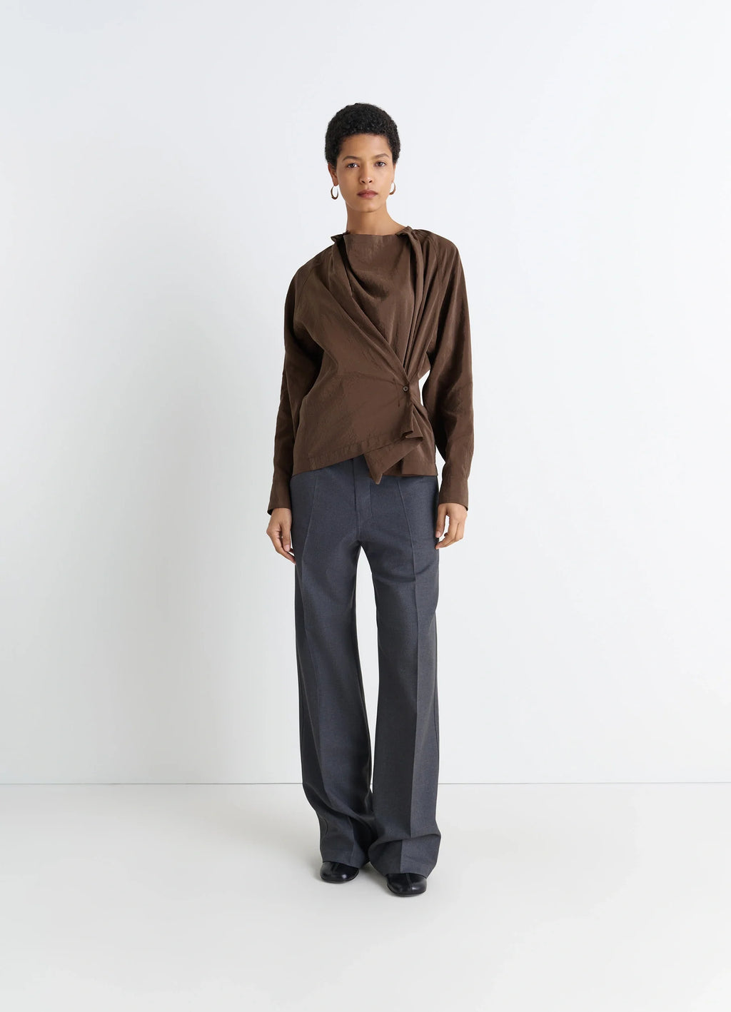 Lemaire twisted top in brown dry silk blend, model shot, side view asymmetrical drape