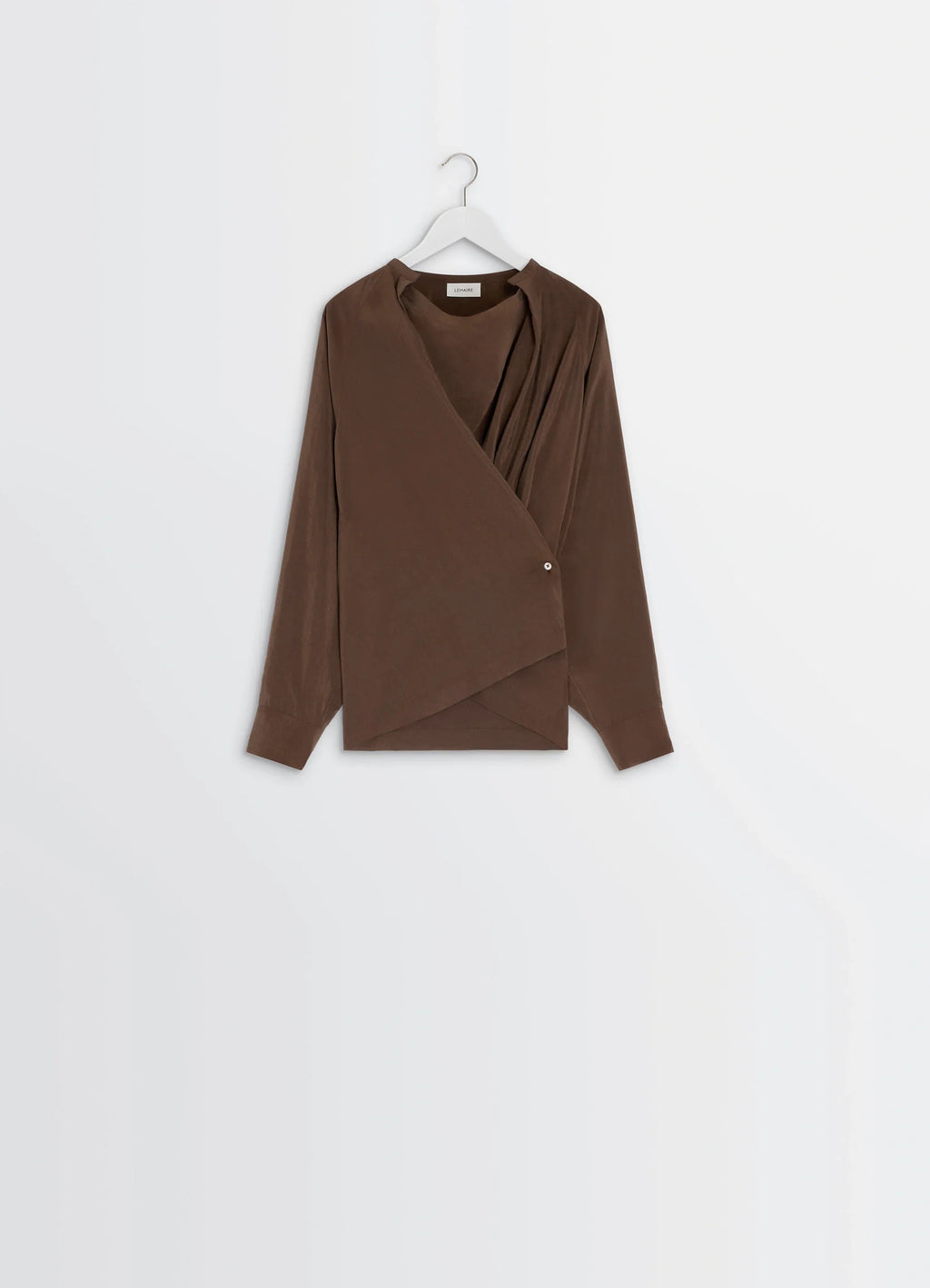Lemaire twisted top in brown dry silk blend, product shot, hanger view overlapping front panels