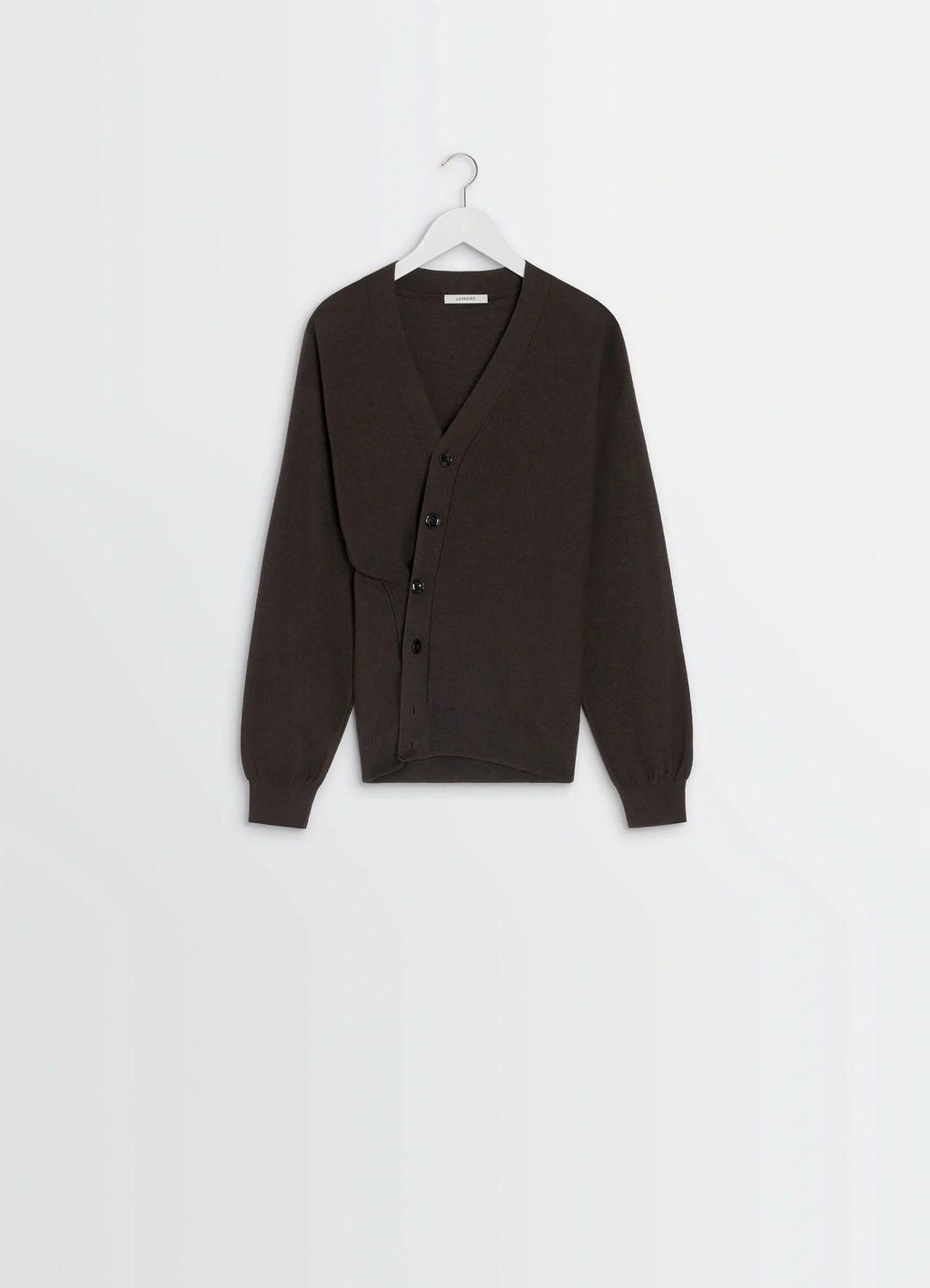 Lemaire relaxed twisted cardigan in knitted merino wool, product shot, hanger shot asymmetrical design