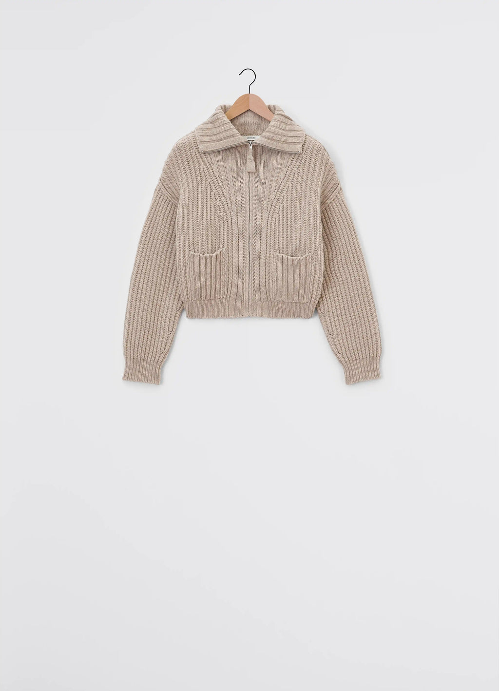 Lemaire trucker collar zipped cardi in peruvian yak alpaca, product shot, back view tapered sleeves, open hem