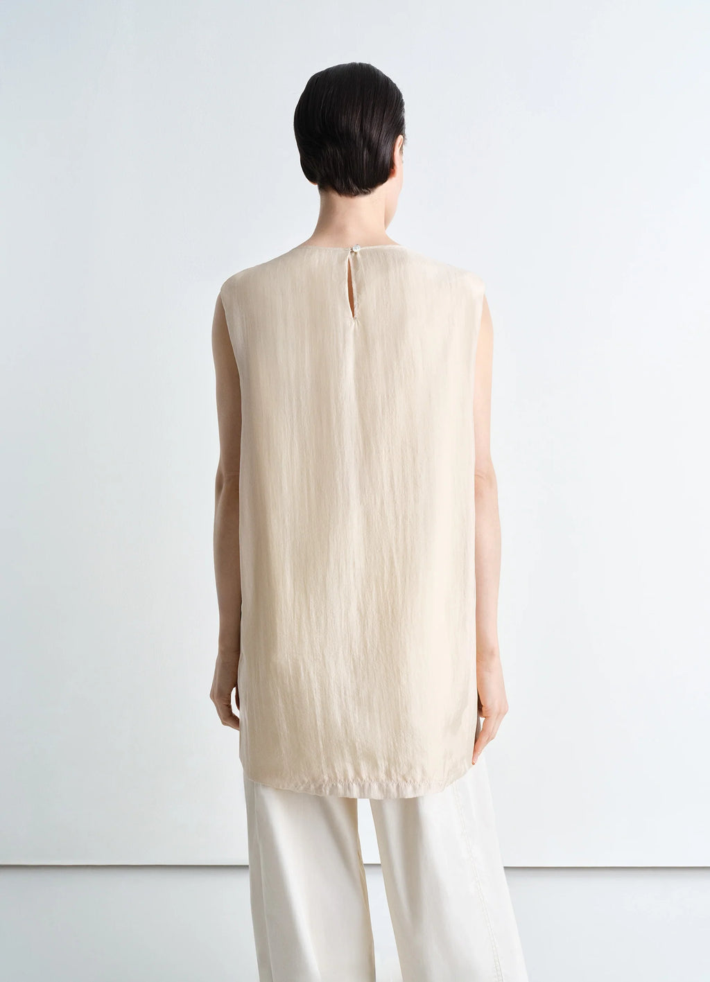 Philippe weisbecker double layer to in airy light silk chiffon, model shot, back view sleeveless keyhole back