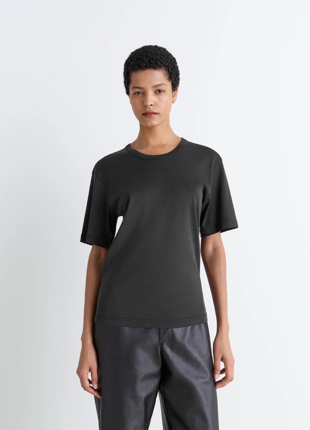 Lemaire Rib T-Shirt in Black Cotton Jersey, model shot, Front view Short-sleeved classic