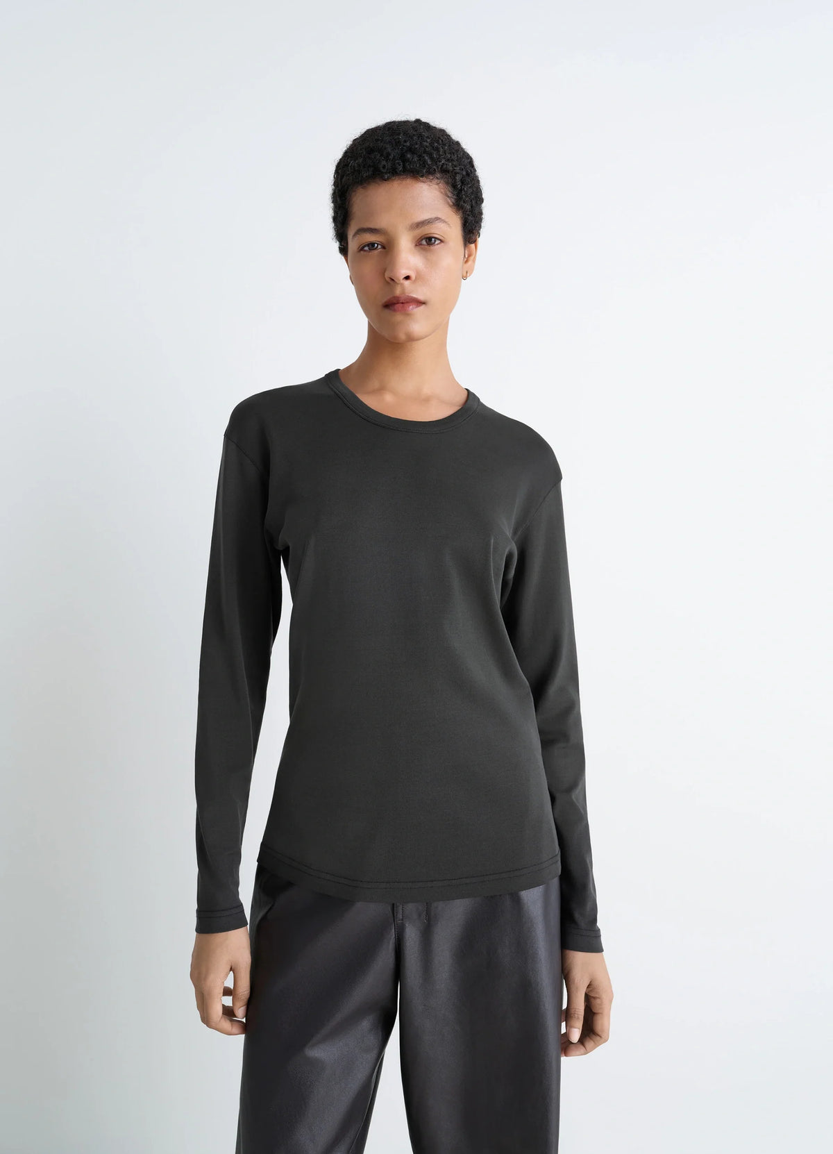 Lemaire Rib Long Sleeve Top in Flowing Cotton Jersey, model shot, Front view Fitted cut