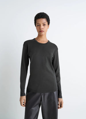 Lemaire rib long sleeve top in flowing cotton jersey, model shot, front view fitted cut