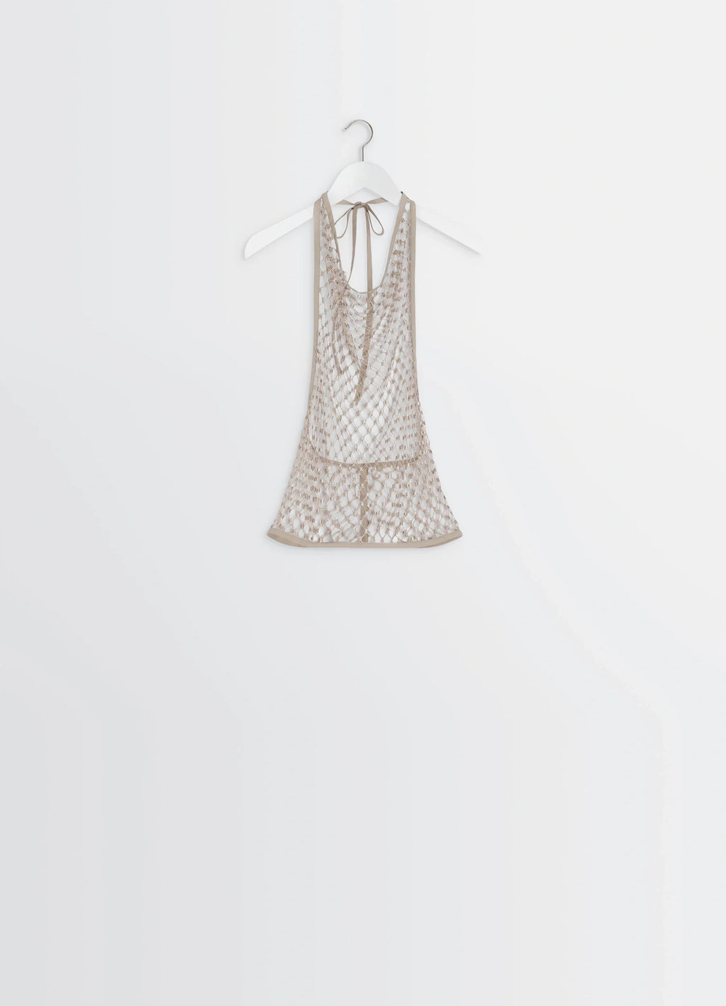 Lemaire fishnet halter top in cream fishnet, product shot, back view hanging display