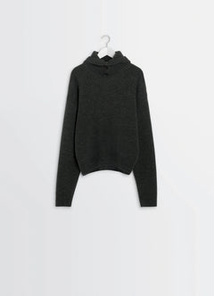 Lemaire Hooded Sweater in Dark Wool and Alpaca, product shot, hanging view ribbed cuffs, hem