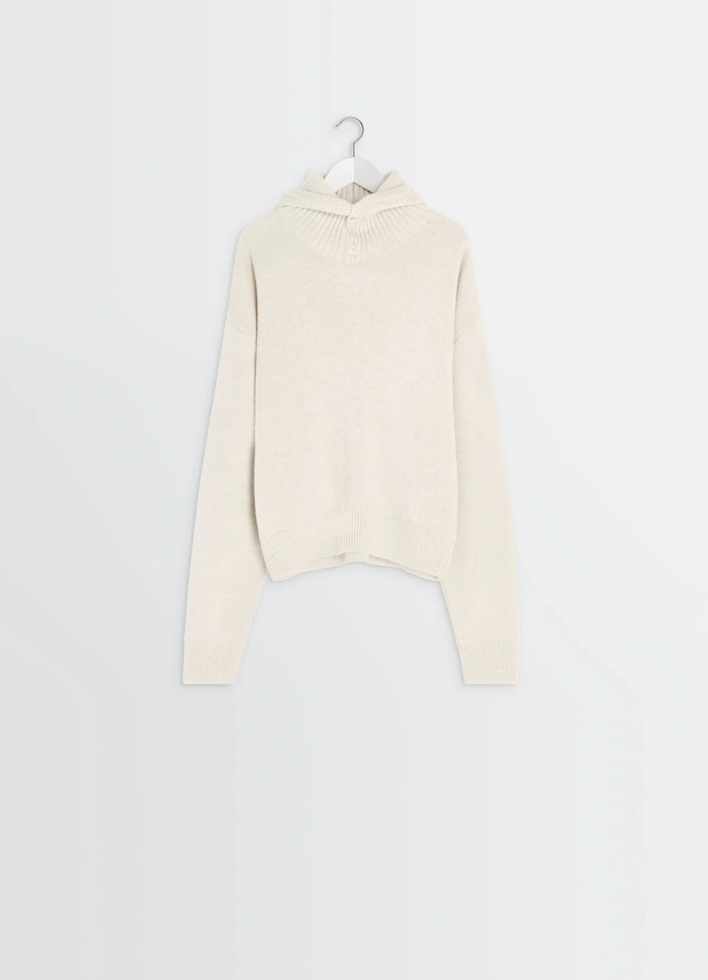 Lemaire hooded sweater in cream wool alpaca, product shot, hanging display view ribbed cuffs and hem