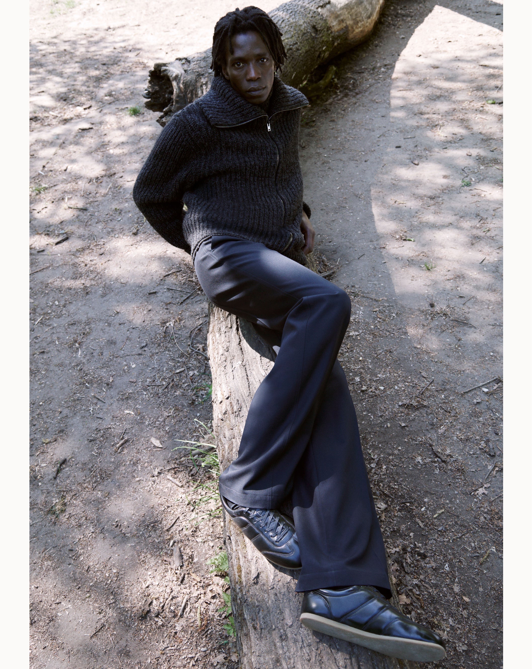 Knitwear and pants in Dark gray knit, navy fabric, Worn view from above Relaxed fit