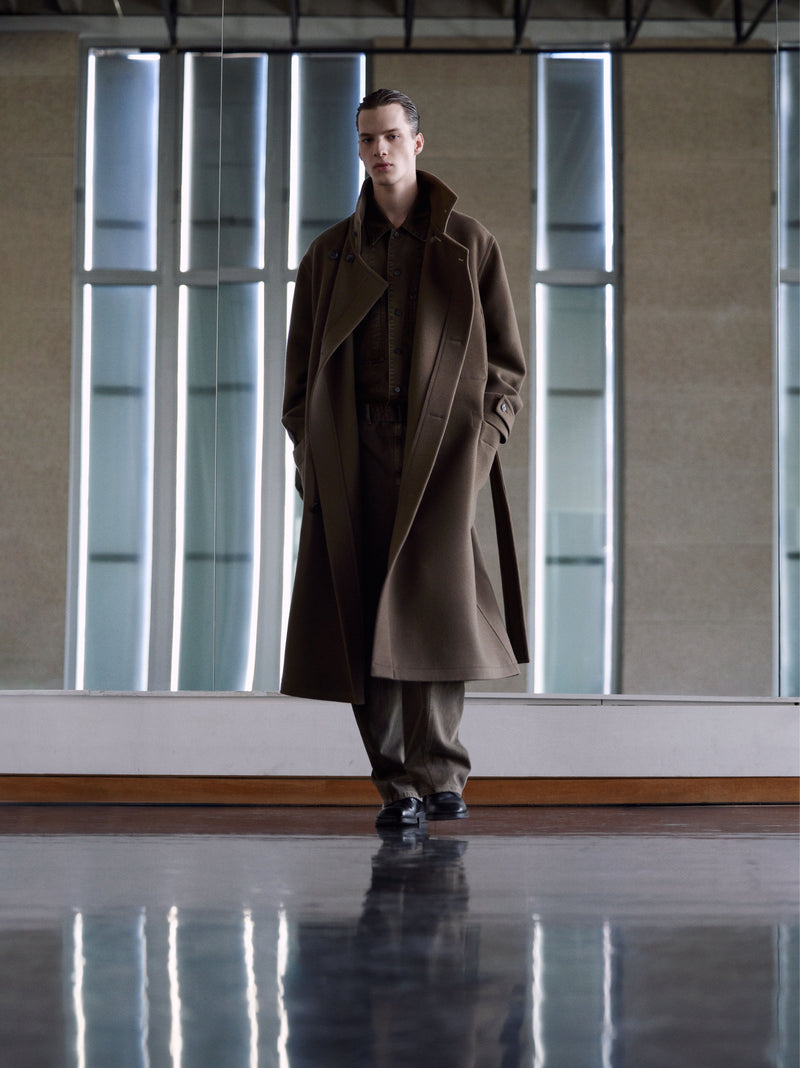 Wool coat in Brown wool, model shot, Front view Oversized fit